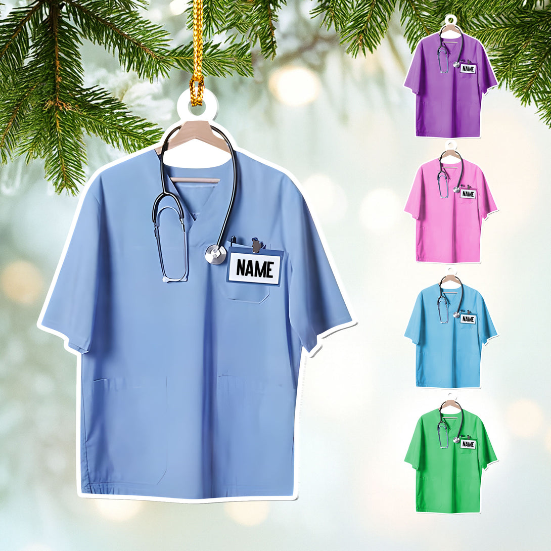 Classic Blue Doctor Scrub Ornament With Name Tag - Personalized Christ ...
