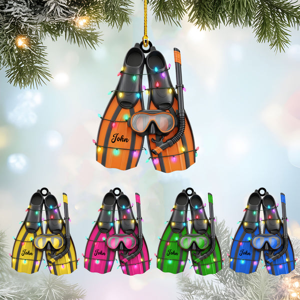 Personalized Snorkel And Fins Ornament - Custom Ocean Tree Decor Gift For Swimmers And Beach Lovers