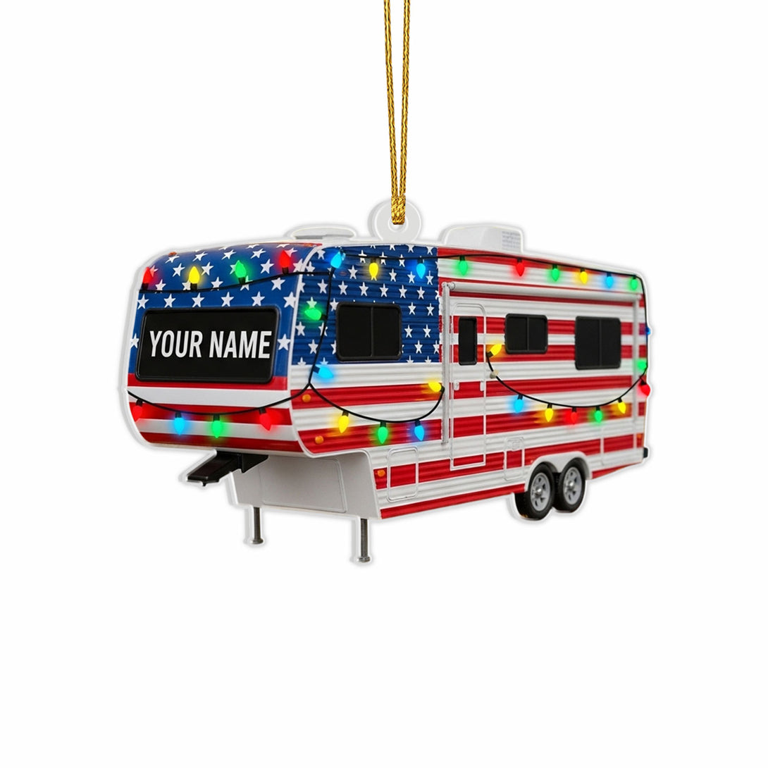 American Flag Camper Ornament 2025 - Personalized Acrylic Rv Decoration, Patriotic Christmas Keepsake For Outdoor Families