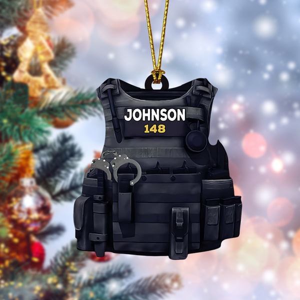 Police Vest Christmas Ornament 2025, Personalized Officer Keepsake With Name & Number, Holiday Tree Acrylic Decoration Gift For Law Enforcement