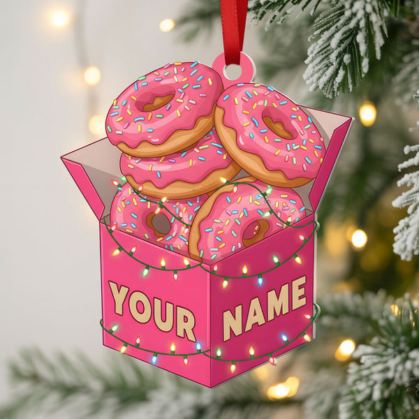 Pink Donut Box Ornament 2025 - Personalized Acrylic Christmas Decoration With Name, Fun Food Keepsake Gift For Dessert Fans