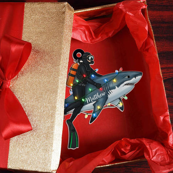 Scuba Diver Riding Shark Ornament - Personalized Christmas Ornament 2025, Unique Gift For Scuba Divers And Shark Fans, Holiday Tree Decor