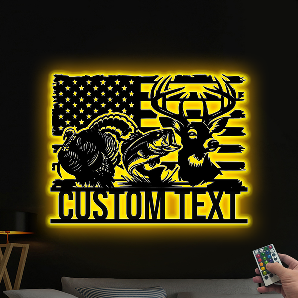 Custom Us Flag Turkey Deer Hunting Fishing Metal Sign Led Lights, Personalized Hunter Metal Name Sign, Wildlife Hunting Metal Wall Art Home Decor