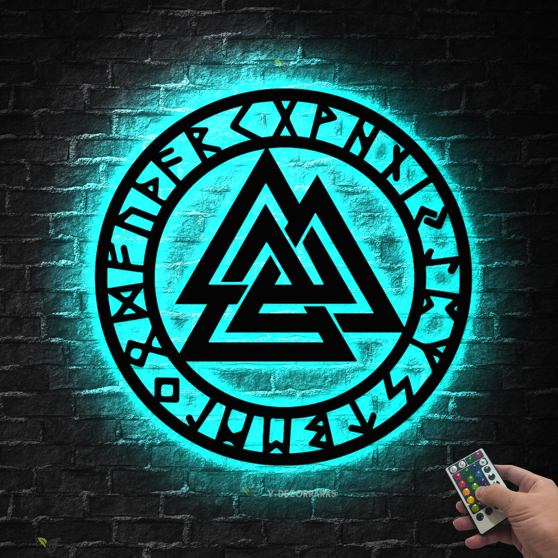 Viking Compass Valknut Metal Wall Art Led Lights, Viking Runes Valknut Symbol Metal Sign Home Decor, Viking Compass Housewarming Metal Decor
