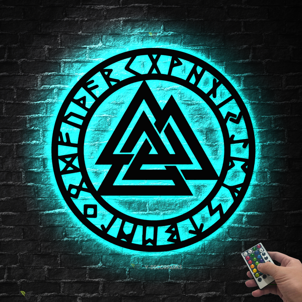 Viking Compass Valknut Metal Wall Art Led Lights, Viking Runes Valknut Symbol Metal Sign Home Decor, Viking Compass Housewarming Metal Decor