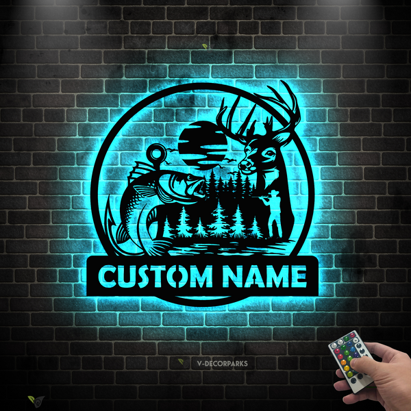 Custom Deer Hunting And Fishing Metal Wall Art Led Lights, Personalized Hunter Metal Name Sign, Deer Hunting Outoor Metal Cabin Sign