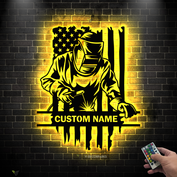 Custom Us Flag Welder Metal Wall Art With Led Lights, Personalized Construction Welder Metal Name Sign, American Flag Welding Metal Home Decor