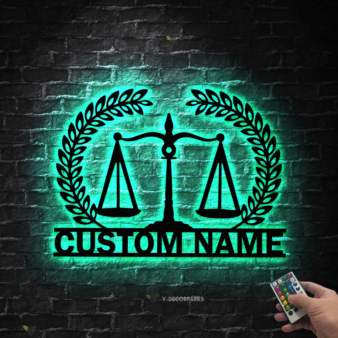 Custom Scales Of Justice Metal Wall Art With Led Lights, Personalized Legal Assistant Judge Lawyer Metal Name Sign, Law Office Metal Wall Decor