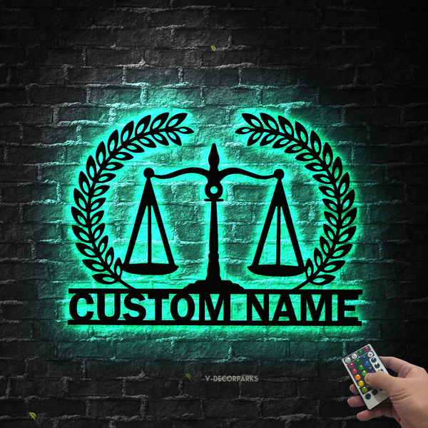 Custom Scales Of Justice Metal Wall Art With Led Lights, Personalized Legal Assistant Judge Lawyer Metal Name Sign, Law Office Metal Wall Decor