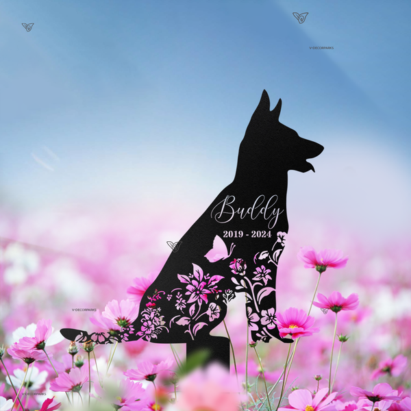 Custom Floral German Shepherd Dog Memorial Metal Stake, In Loving Memory Of Dog Metal Garden Sign, Dog Remembrance Stake, Pet Metal Grave Marker