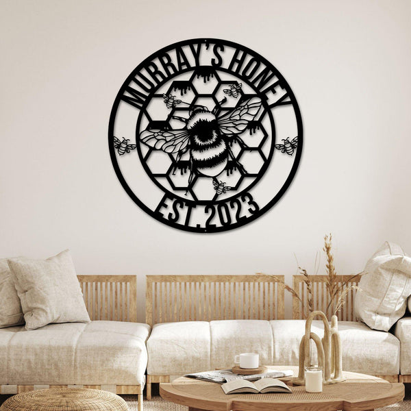 Personalized Honey Bee Family Name Metal Wall Art, Custom Bee Hive Monogram Metal Sign, Bee Keeper Metal Name Sign, Bee Farm Metal Wall Sign