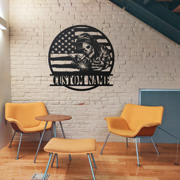 Custom Us Welder Skull Metal Wall Art, Personalized Name Us Flag Welding Metal Sign, Skull Ironworker Metal Sign Mancave Home Decor