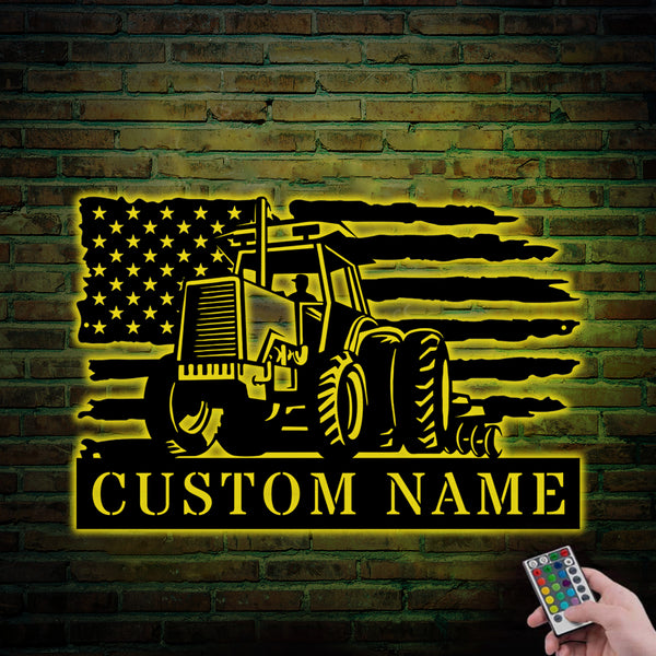 Personalized Us Flag Tractor Metal Sign With Led Lights, Custom Farm Tractor Driver Metal Name Sign, Tractor Farm Barn Metal Wall Art Decor