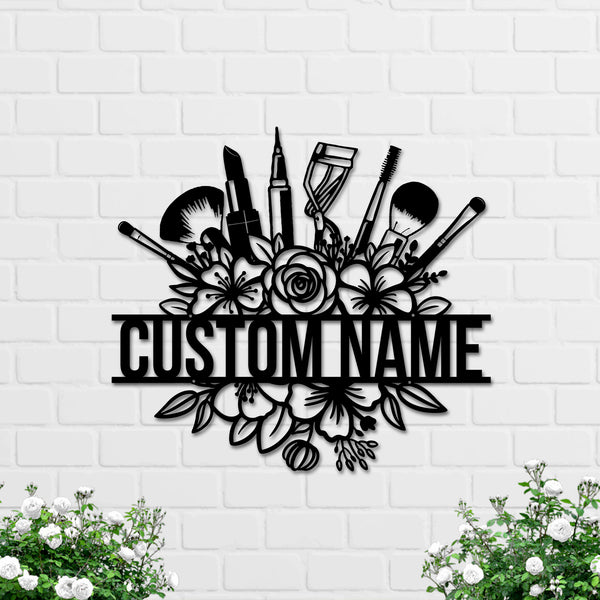 Custom Floral Makeup Tools Metal Wall Art, Personalized Makeup Artist Metal Name Sign, Makeup Studio Metal Wall Art, Beauty Cosmetics Metal Sign