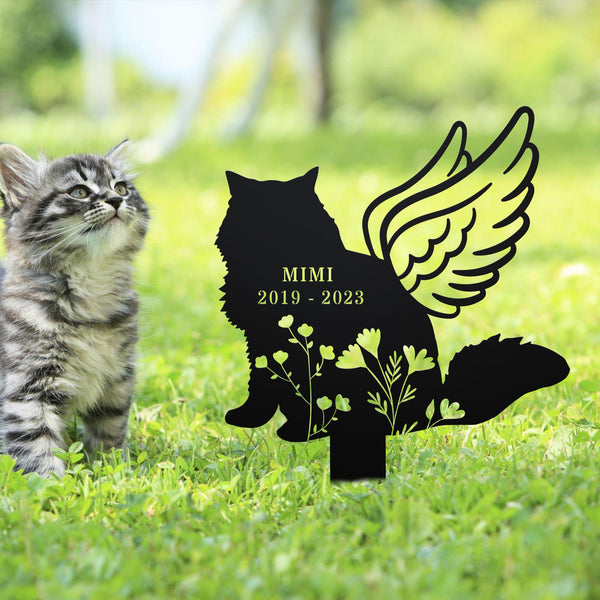 Custom Fluffy Cat With Wings Memorial Metal Stake, Personalized Cat Memorial Metal Garden Sign, Pet Loss Metal Grave Marker, Cat Remembrance Stake