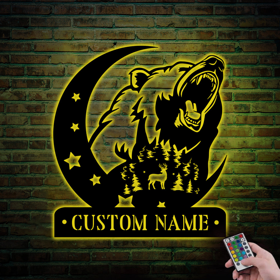 Custom Grizzly Bear Wildlife Metal Sign Led Lights, Personalized Name Roaring Grizzly Bear Metal Sign, Rustic Cabin Hunting Bear Metal Wall Art