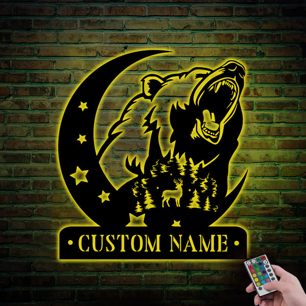 Custom Grizzly Bear Wildlife Metal Sign Led Lights, Personalized Name Roaring Grizzly Bear Metal Sign, Rustic Cabin Hunting Bear Metal Wall Art