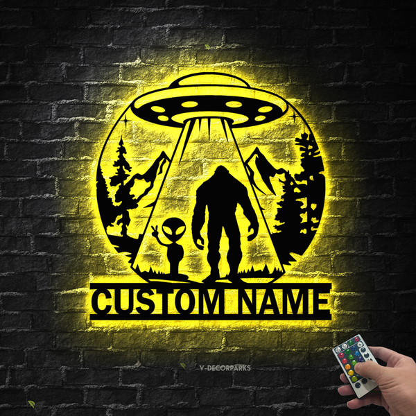 Custom Name Bigfoot And Alien Metal Sign With Led Lights, Funny Bigfoot Alien Ufo Metal Wall Art Home Decor, Bigfoot Ufo Metal Sign