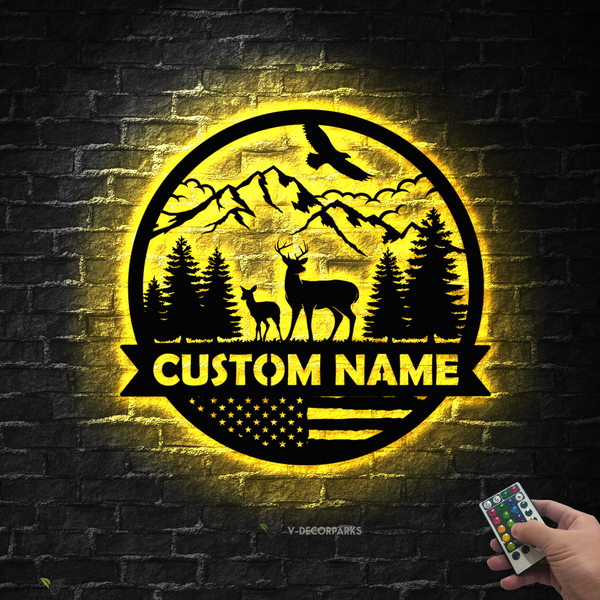 Custom Mountain Deer Metal Cabin Sign Led Lights, Personalized Family Name Forest Deer Hunting Meal Sign, Rustic Deer Hunting Lodge Cabin Decor