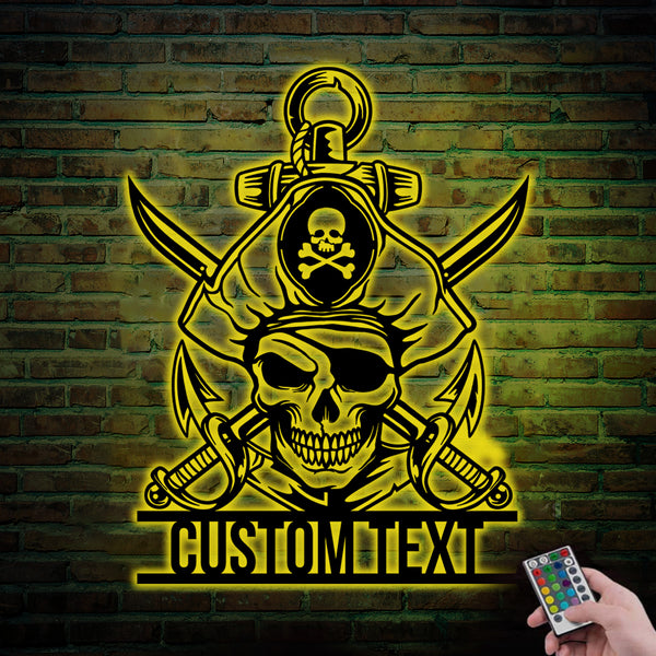 Custom Pirate Skull And Swords Metal Sign With Led Lights, Skull Pirate With Anchor Metal Wall Art Home Decor, Pirate Skull Metal Art