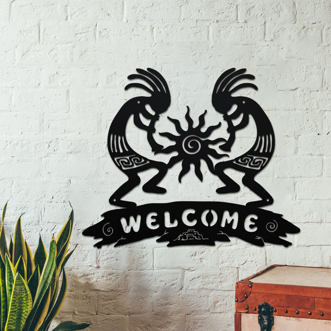 Couple Kokopelli Dancing Metal Wall Art, Humpbacked Flute Player Metal Sign Home Decor, Kokopelli Fertility Deity Metal Wall Hanging Sign