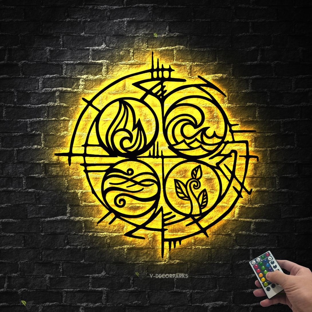 Four Elements Classical Metal Wall Art With Led Lights, Earth Water Air Fire Metal Sign Home Decor, Four Elements Of Nature Minimalist Metal Sign