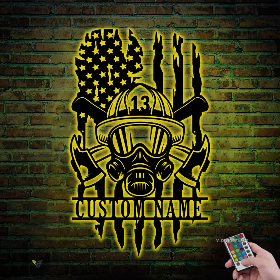 Personalized Us Flag Firefighter Helmet & Axe Metal Sign Led Lights, Custom Name Us Flag Fireman Metal Sign, Fire Department Metal Wall Art Decor