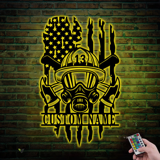 Personalized Us Flag Firefighter Helmet & Axe Metal Sign Led Lights, Custom Name Us Flag Fireman Metal Sign, Fire Department Metal Wall Art Decor