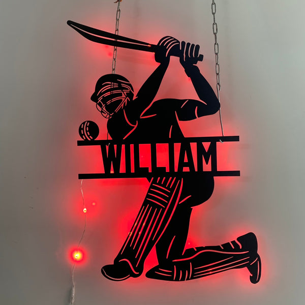 Custom Cricket Metal Wall With Led Light, Personalized Cricket Player Metal Name Sign, Cricket Sport Game Room Metal Wall Led Sign