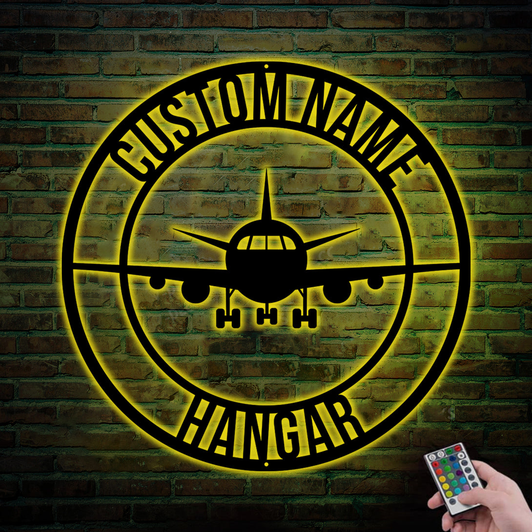 Custom Airplane Monogram Metal Wall Art With Led Lights, Personalized Pilot Metal Name Sign, Aviation Airplane Hangar Metal Wall Hanging Sign