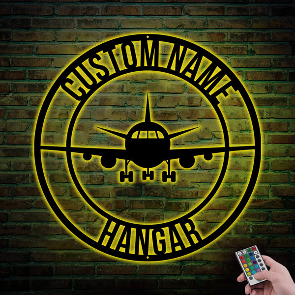 Custom Airplane Monogram Metal Wall Art With Led Lights, Personalized Pilot Metal Name Sign, Aviation Airplane Hangar Metal Wall Hanging Sign