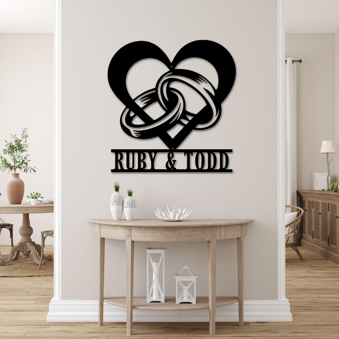Custom Name Couple Rings With Heart Metal Wall Art, Personalized Wedding Rings Metal Sign, Heart Rings Engagement Anniversary Metal Name Sign