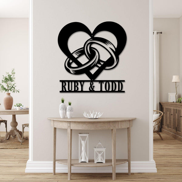 Custom Name Couple Rings With Heart Metal Wall Art, Personalized Wedding Rings Metal Sign, Heart Rings Engagement Anniversary Metal Name Sign