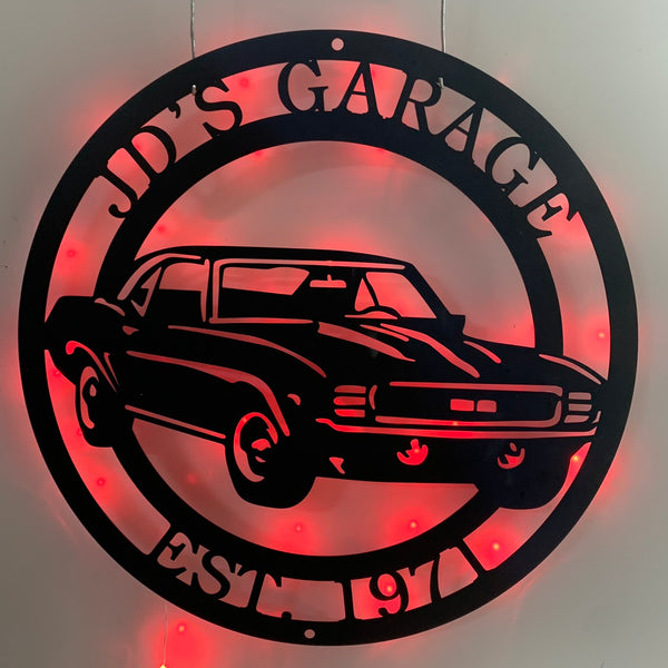 Custom Car Garage Metal Sign With Led Lights, Personalized Car Garage Metal Name Signs, Car Garage Man Cave Workshop Metal Wall Art