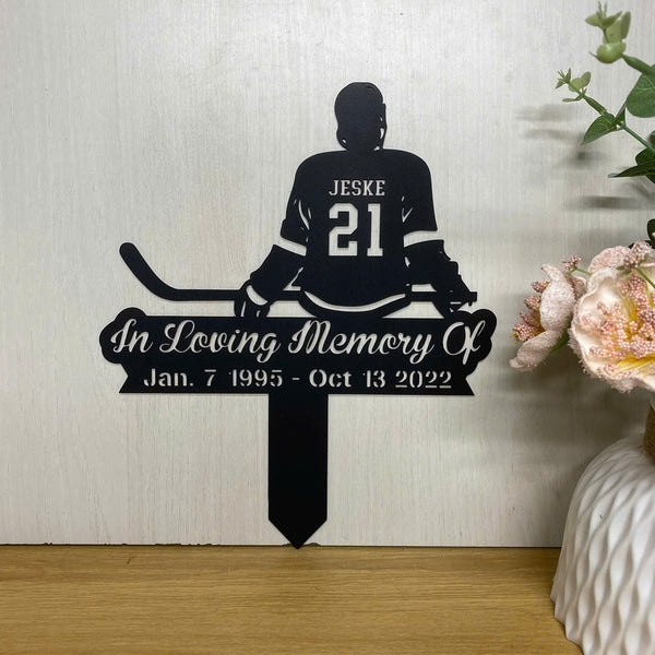 Custom Hockey Player Memorial Metal Stake, Hockey Player Cross Sign Metal Grave Marker, Hockey Remembrance Stake, Hockey Player Loss Sympathy Sign