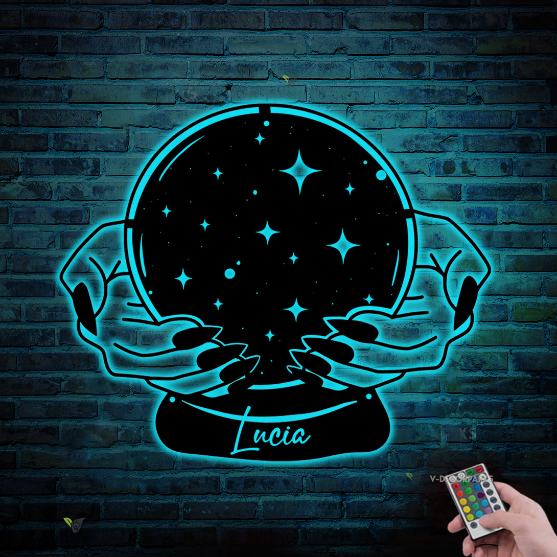 Custom Crystal Ball Metal Wall Art Led Lights, Magic Witch Hands Crystal Ball Metal Sign, Gothic Halloween Metal Decor, Fortune Teller Metal Art