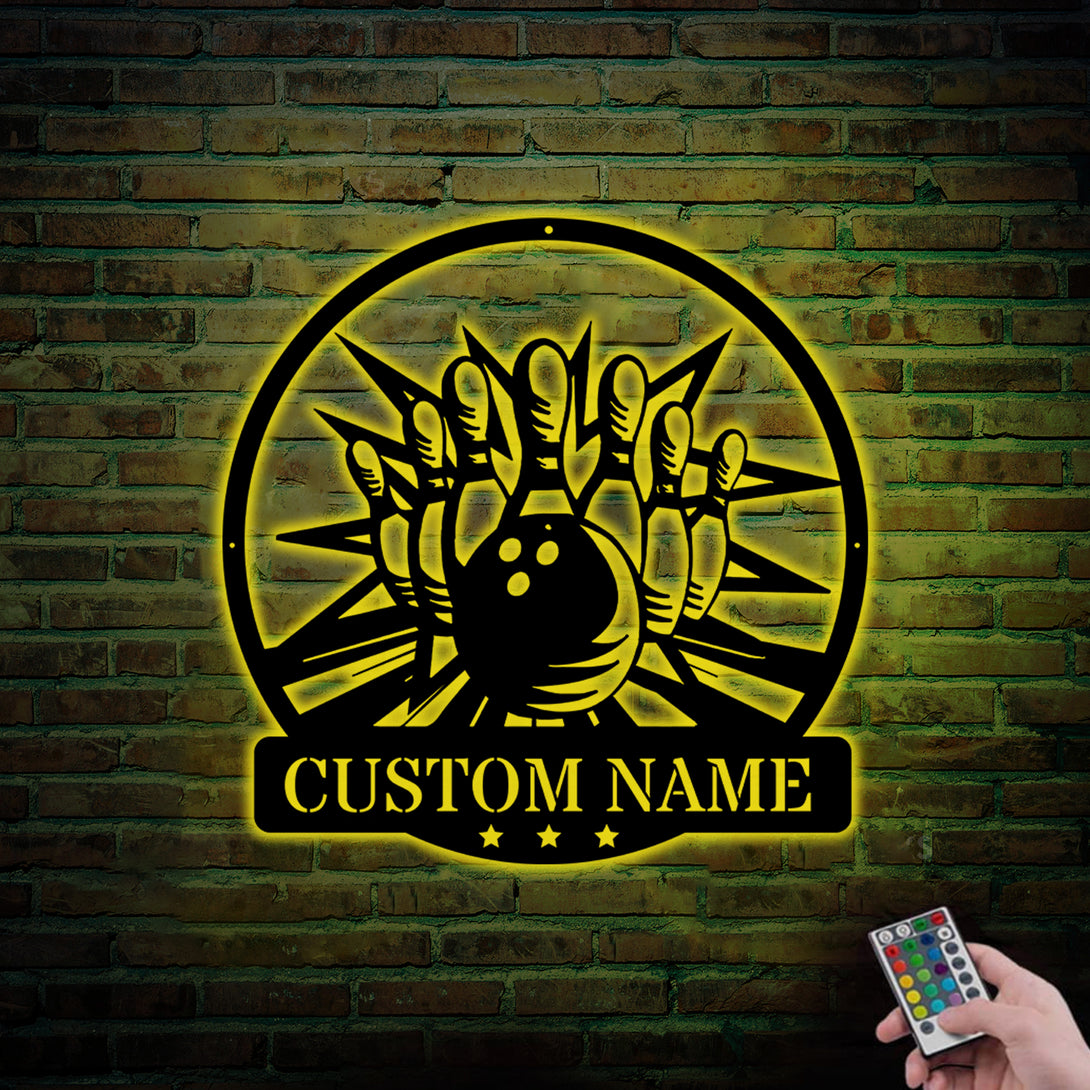 Custom Name Bowling Strike Metal Wall Art Led Lights, Personalized Bowling Player Metal Name Sign, Bowling Ball With Pins Metal Mancave Decor