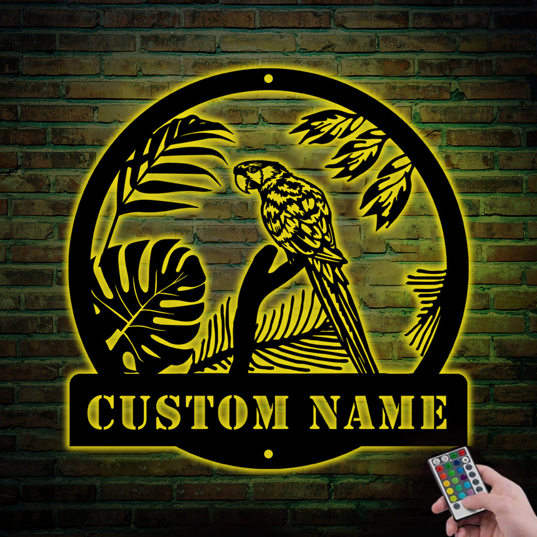 Custom Parrot Bird Monogram Metal Sign With Led Lights, Personalized Tropical Parrot Metal Name Sign, Parrot Rainforest Metal Wall Art Home Decor