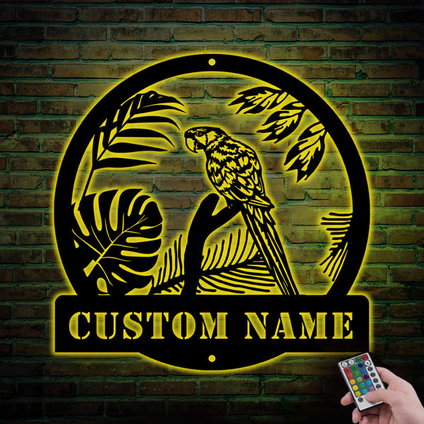 Custom Parrot Bird Monogram Metal Sign With Led Lights, Personalized Tropical Parrot Metal Name Sign, Parrot Rainforest Metal Wall Art Home Decor