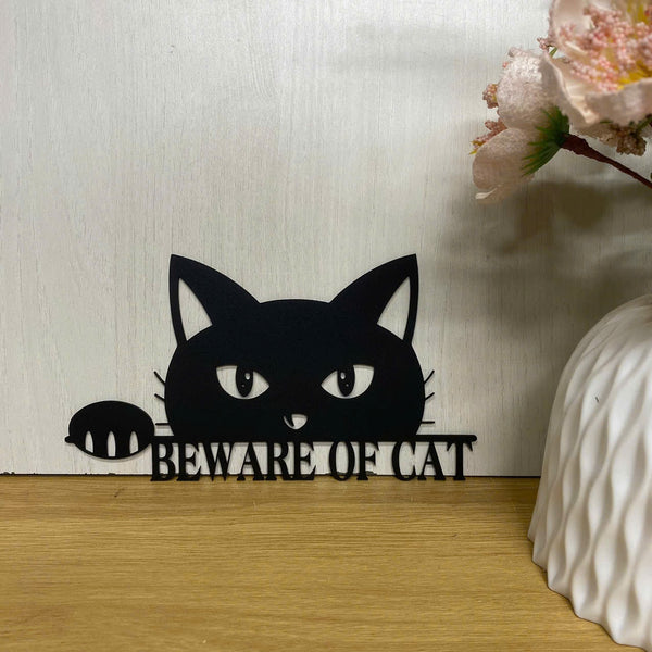 Funny Peeking Cat Metal Wall Hanging Sign, Beware Of Cat Metal Sign, Warning Gate Metal Plaque, Beware Of Cat Metal Art, Cat Lover Metal Home Decor