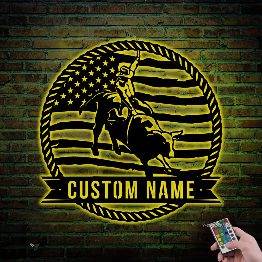 Custom Us Bull Rider Metal Wall Art Led Lights, Personalized Bull Rider Rodeo Metal Name Sign Home Decor, Us Cowboy Riding Bull Metal Led Sign