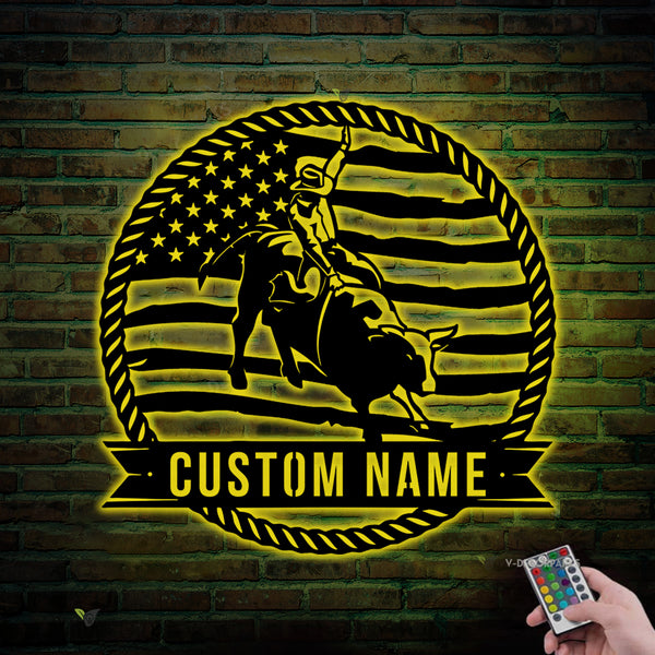 Custom Us Bull Rider Metal Wall Art Led Lights, Personalized Bull Rider Rodeo Metal Name Sign Home Decor, Us Cowboy Riding Bull Metal Led Sign