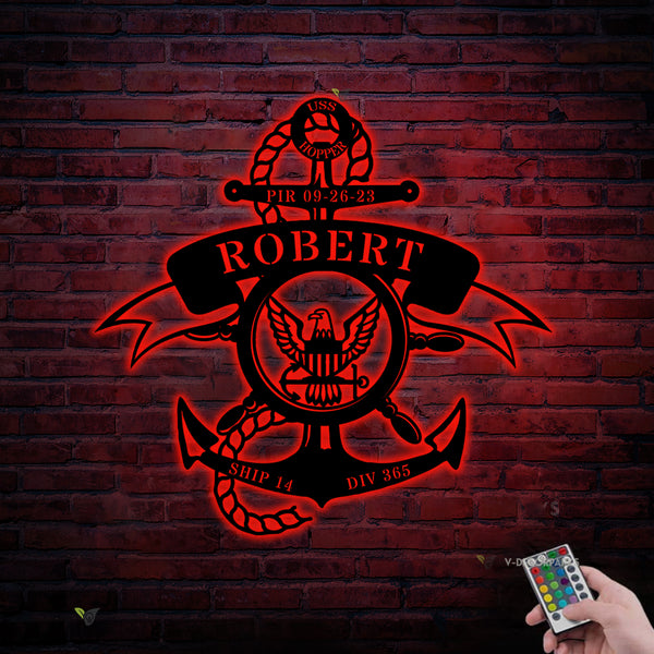 Personalized Us Navy Anchor Metal Sign With Led Lights, Custom Us Navy Boot Camp Anchor Metal Sign, Navy Graduation Gift, Navy Pir Metal Decor