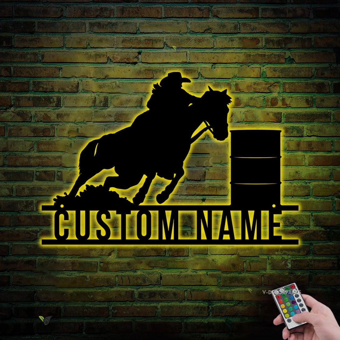 Personalized Barrel Racing Metal Wall Art With Led Lights, Custom Barrel Racing Metal Name Sign, Horse Racing Metal Wall Hanging Decor