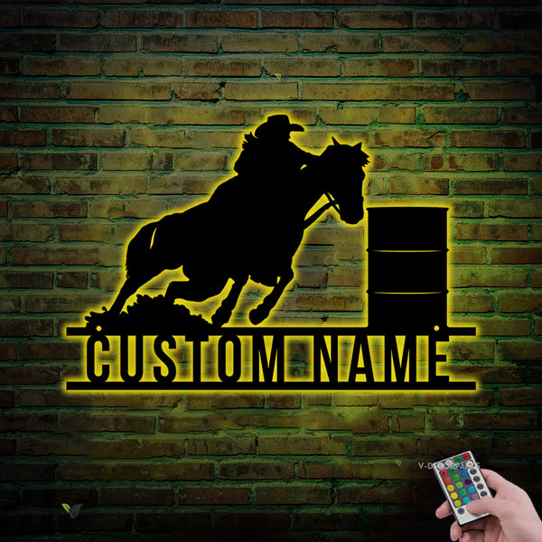 Personalized Barrel Racing Metal Wall Art With Led Lights, Custom Barrel Racing Metal Name Sign, Horse Racing Metal Wall Hanging Decor
