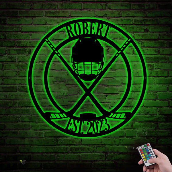 Custom Ice Hockey Metal Wall Art Led Lights, Personalized Ice Hockey Player Metal Name Sign, Hockey Sport Lover Kids Room Metal Sign