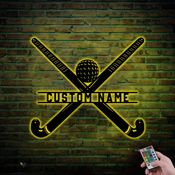 Personalized Field Hockey Sticks Metal Led Lights, Custom Field Hockey Player Metal Name Sign, Hockey Sport Lover Metal Wall Hanging Sign