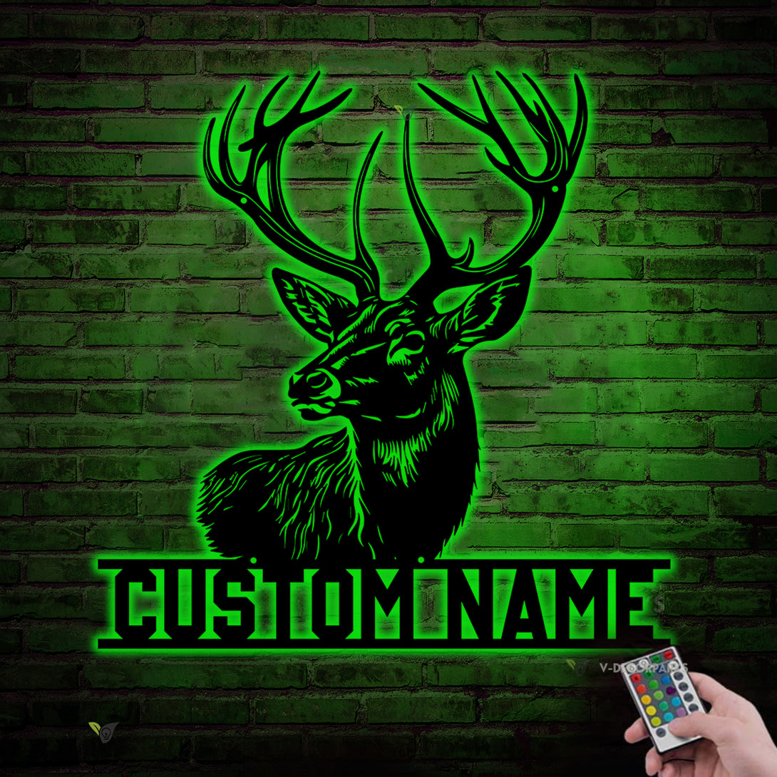 Custom Name Buck Head Metal Wall Art Led Lights, Personalized Deer Hunter Metal Name Sign Home Decor, Deer Hunting Cabin Metal Wall Hanging Decor
