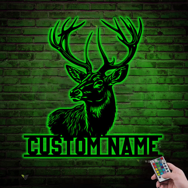 Custom Name Buck Head Metal Wall Art Led Lights, Personalized Deer Hunter Metal Name Sign Home Decor, Deer Hunting Cabin Metal Wall Hanging Decor
