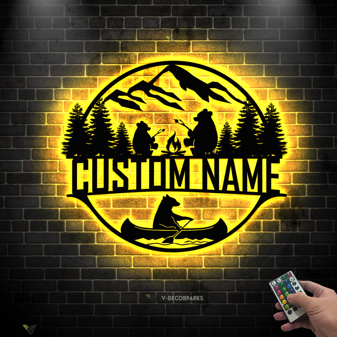 Personalized Camping Bears Metal Sign With Led Lights, Custom Name Family Bears Camper Metal Wall Art, Camp Life Camping Outdoor Metal Decor
